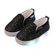 YanQiao Girl's Light Up Slip On Loafers Baby Glitter Shoes Flashing LED Casual Princess Party Shoes Flat Sneakers (Toddler/Little Kid) 0 Months Black